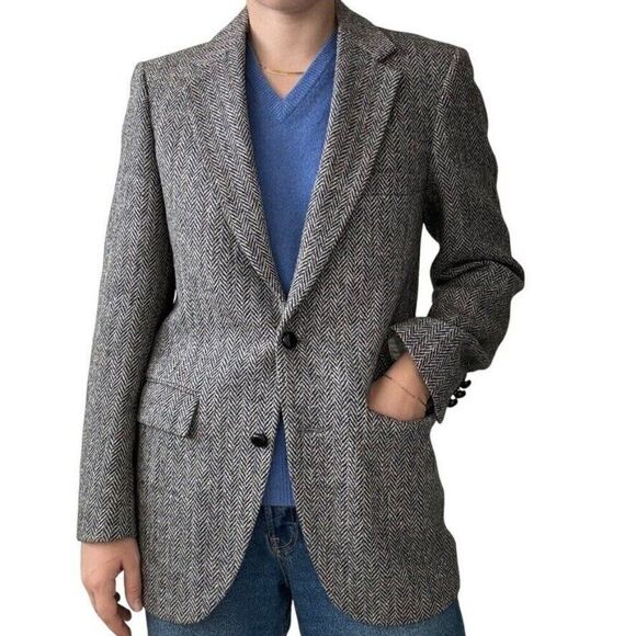 Vintage Mens Harris Tweed Black Gray Chevron Wool Preppy Sport Coat Blazer 36R - Picture 1 of 10